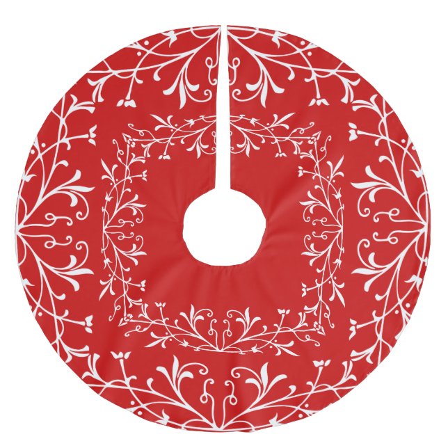 Old Fashioned Red and White Decorative Christmas Brushed Polyester Tree Skirt (Front)