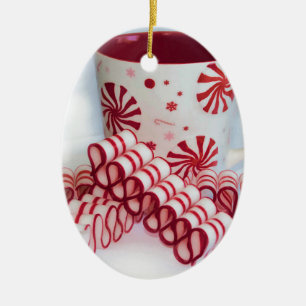 Old Fashioned Red and White Ribbon Candy With Mug Ceramic Tree Decoration