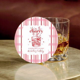 Old Fashioned Red Cherry on Top Birthday Party Round Paper Coaster