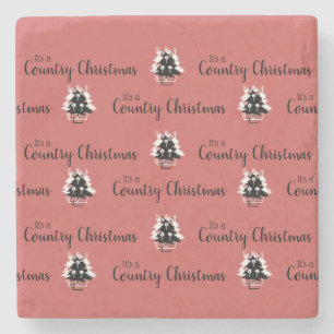 Old Fashioned Red Country Christmas Trees Stone Coaster