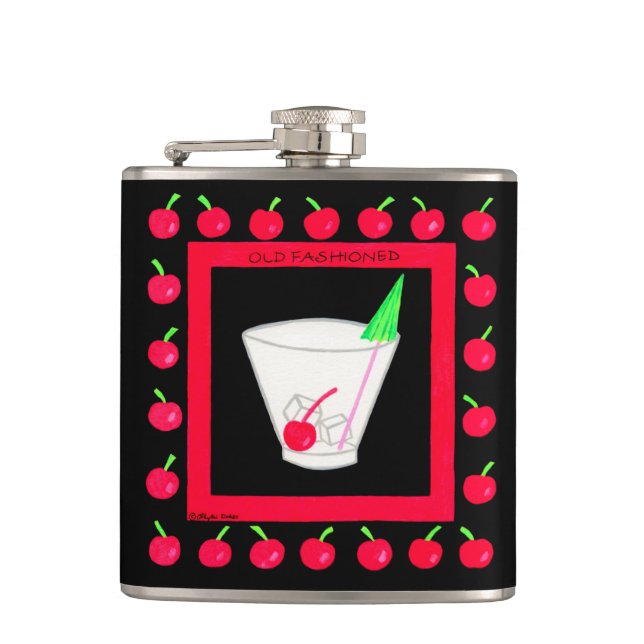 Old Fashioned Retro Drink Cherry Name Personalised Hip Flask (Front)