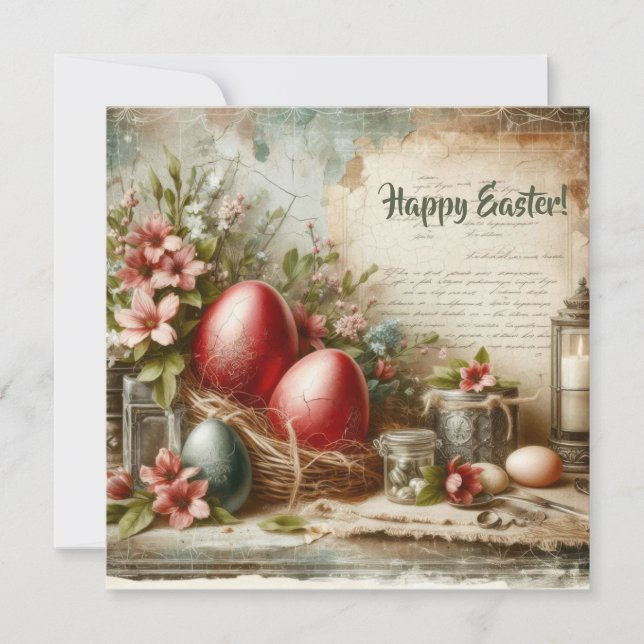 Old fashioned retro red Easter eggs spring flowers Holiday Card (Front)