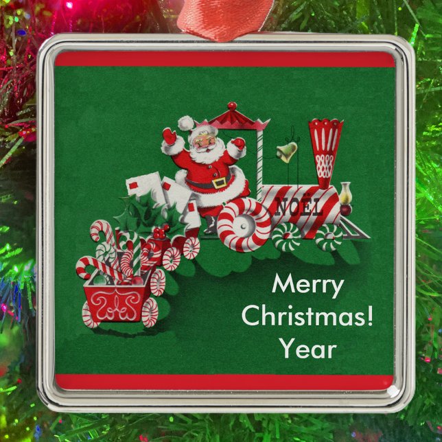 Old Fashioned Santa Candy Train Metal Tree Decoration (Santa Claus riding peppermint candy train with letters on red green Christmas ornament.)