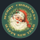 Old Fashioned Santa Claus Christmas Classic Round Sticker<br><div class="desc">This festive Christmas sticker features a beautiful vintage image of Santa. The image is surrounded by pine needles and gold text that says Merry Christmas, and Happy New Year. Festive for your packages, correspondence, or many other uses during the Holiday season. *Please note - the image is printed and does...</div>