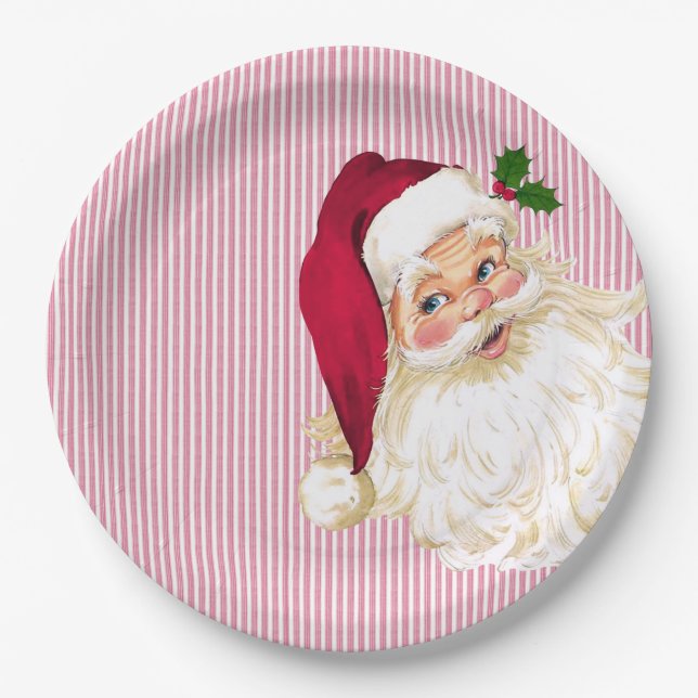 Old Fashioned Santa Claus Cranberry Stripe Paper Plate (Front)