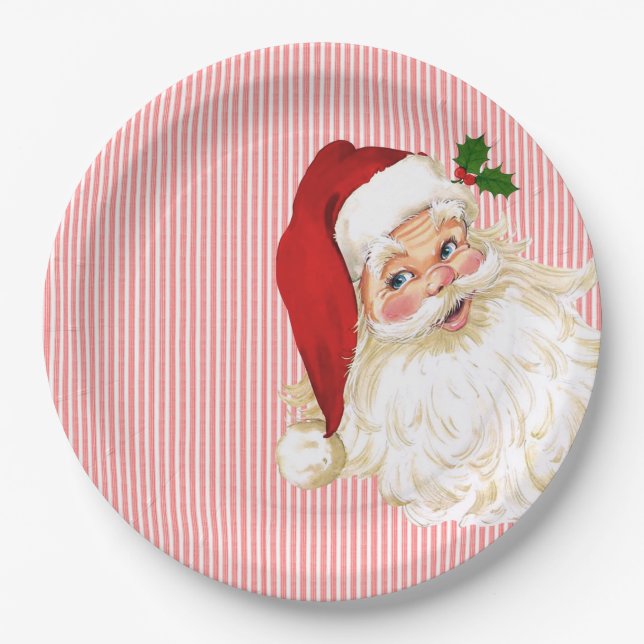 Old Fashioned Santa Claus Red & White Stripe Paper Plate (Front)