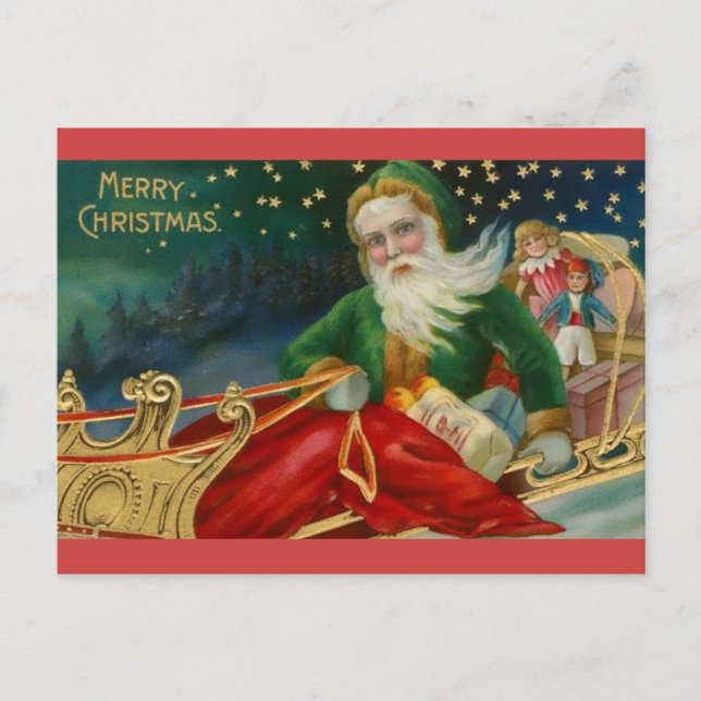 Old Fashioned Santa in Green and Fur in Sleigh Postcard (Front)