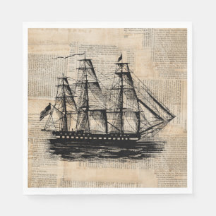 Old Fashioned Ship Art Vintage Newspaper Style Napkin