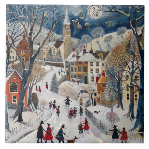 Old Fashioned Small Town Christmas Ceramic Tile