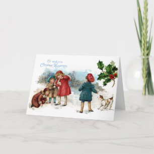 Old Fashioned Snowball Fight on Christmas Holiday Card