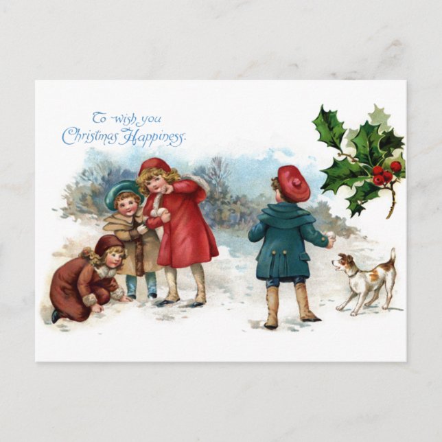 Old Fashioned Snowball Fight on Christmas Holiday Postcard (Front)