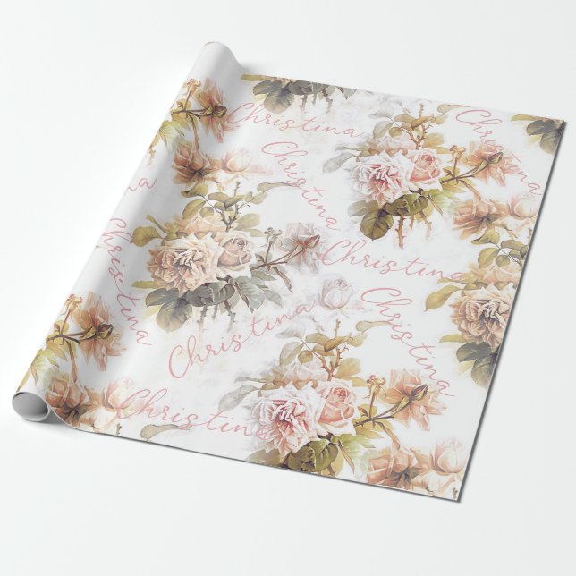 Old fashioned soft rose pink bouquet pattern flora wrapping paper (Unrolled)
