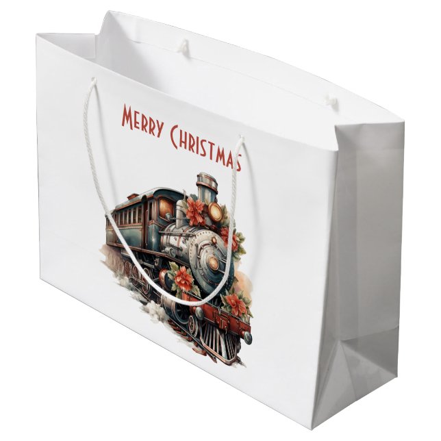 Old-Fashioned Steam Train Retro Christmas Large Gift Bag (Back Angled)