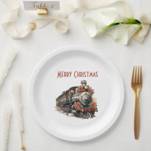 Old-Fashioned Steam Train Retro Christmas Paper Plate