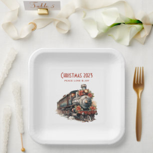 Old-Fashioned Steam Train Retro Christmas Paper Plate