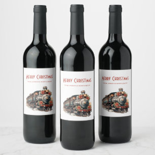 Old-Fashioned Steam Train Retro Christmas Wine Label