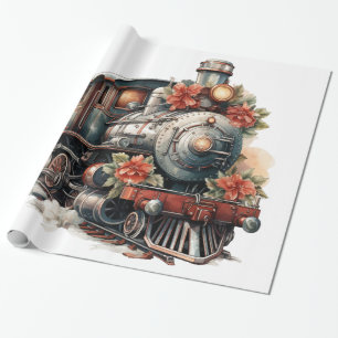  Old-Fashioned Steam Train Retro Christmas Wrapping Paper