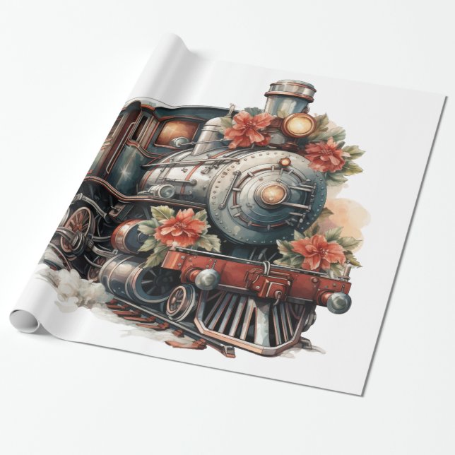  Old-Fashioned Steam Train Retro Christmas Wrapping Paper (Unrolled)