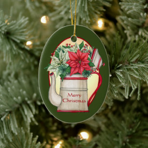 Old fashioned tea pot with poinsettias Christmas  Ceramic Ornament