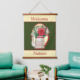 Old fashioned tea pot with poinsettias Christmas Hanging Tapestry