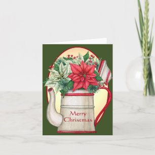Old fashioned tea pot with poinsettias Christmas Holiday Card
