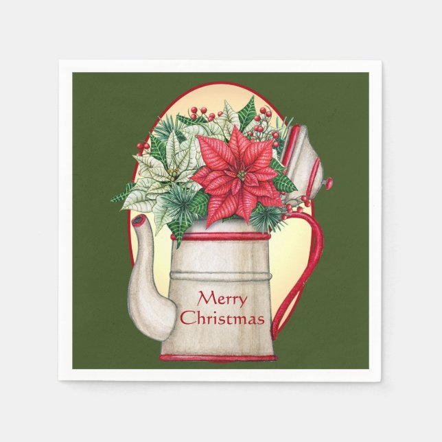 Old fashioned tea pot with poinsettias Christmas  Napkin (Front)