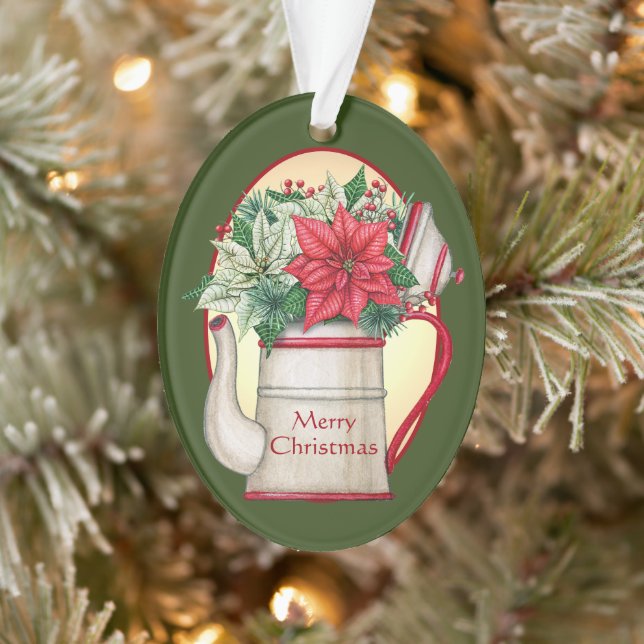 Old fashioned tea pot with poinsettias Christmas  Ornament (Tree)