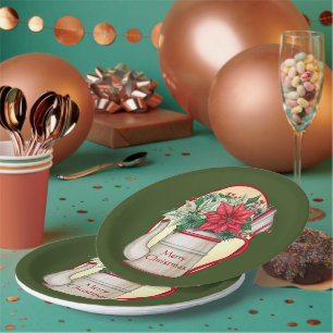 Old fashioned tea pot with poinsettias Christmas Paper Plate