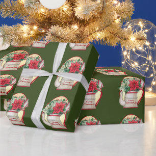 Old fashioned tea pot with poinsettias Christmas  Wrapping Paper