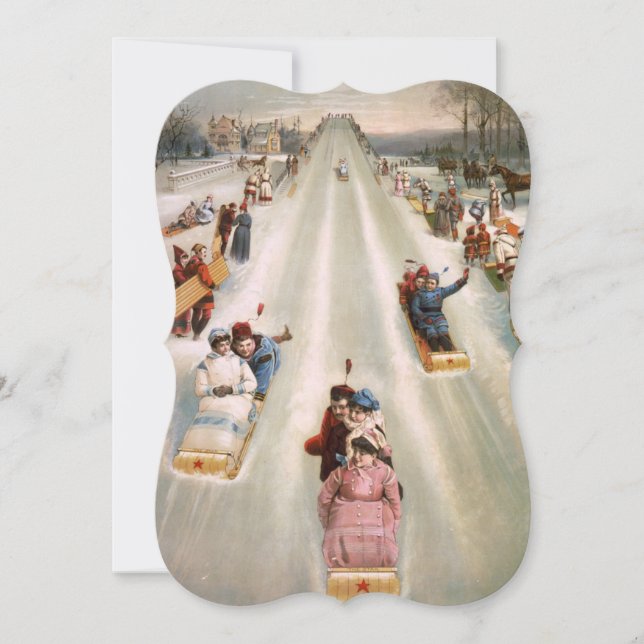 Old Fashioned Toboggan Run Fancy Cut Christmas Holiday Card (Front)
