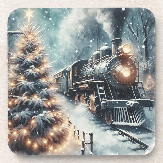 Old-Fashioned Train and Vintage Winter Scene Coaster (Front)