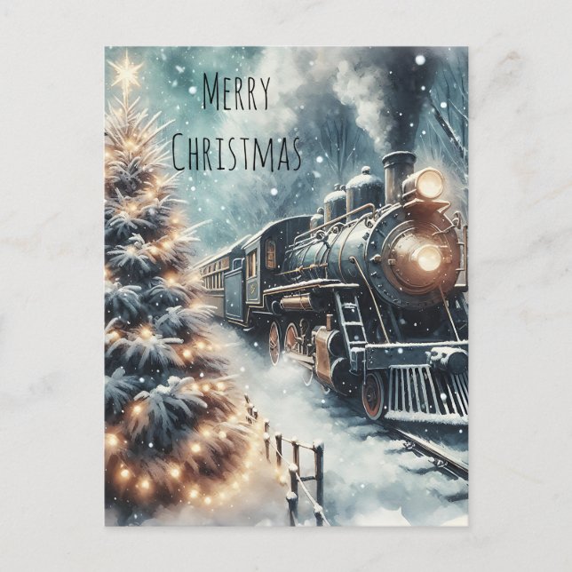 Old-Fashioned Train and Vintage Winter Scene Postcard (Front)