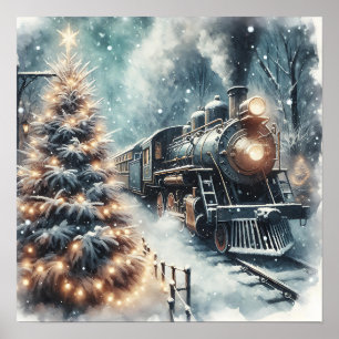 Old-Fashioned Train and Vintage Winter Scene Poster