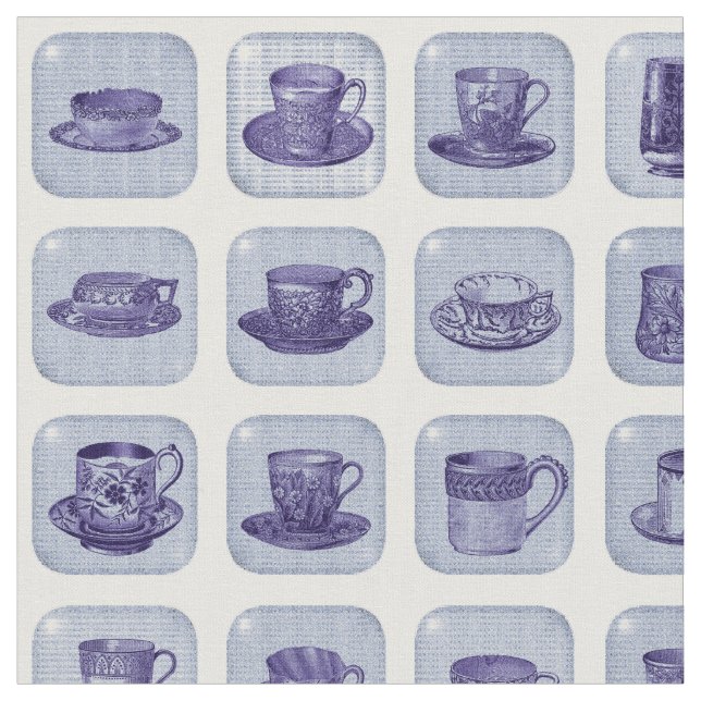 Old Fashioned Vintage Blue China Teacup Pattern Fabric (Close Up)