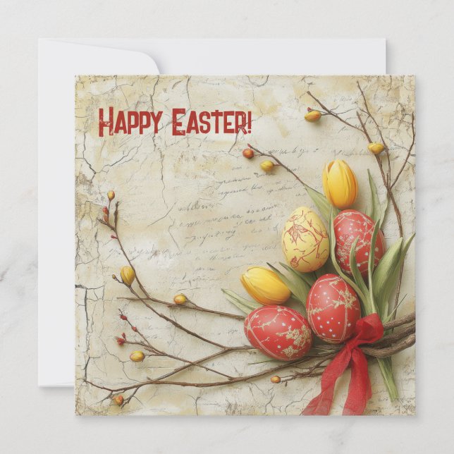 Old fashioned watercolor red and yellow Easer eggs Holiday Card (Front)