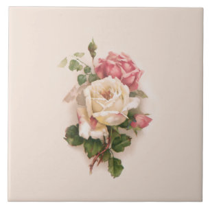 Old Fashioned White/Pink Roses-Buff Background Ceramic Tile