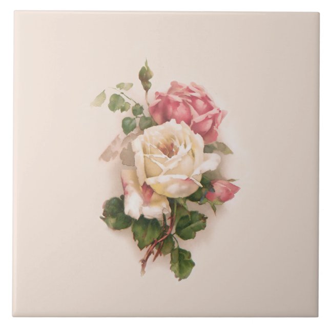 Old Fashioned White/Pink Roses-Buff Background Ceramic Tile (Front)