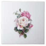 Old Fashioned White/Pink Roses-White Background Ceramic Tile<br><div class="desc">Elegant and romantic old fashioned/vintage white rose,  pink rose and pink rosebuds with green foliage and subtle shading on white background.</div>