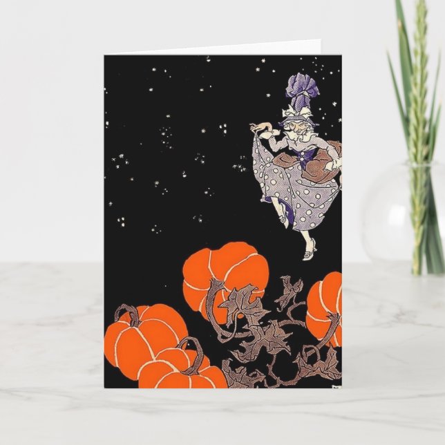Old fashioned witch in pumpkin patch card (Front)