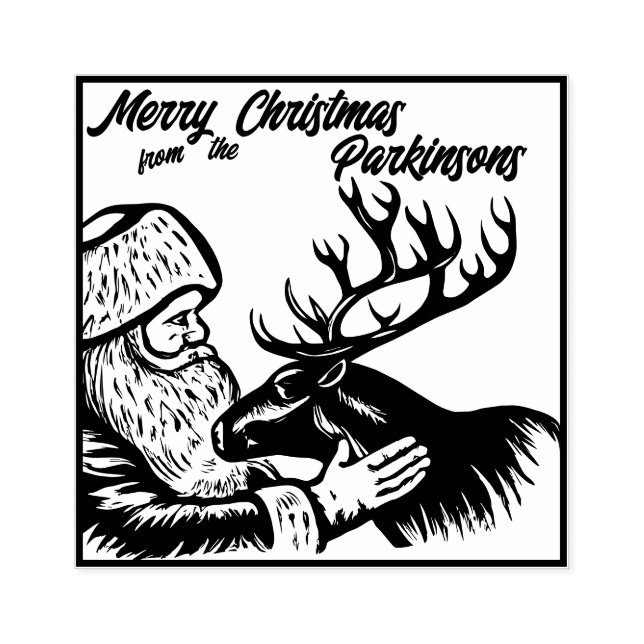 Old Fashioned Woodcut Santa Claus and Reindeer Rubber Stamp (Imprint)