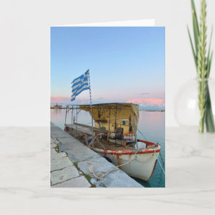 Old Fishing Boat Greek Flag Zakynthos Greece Card