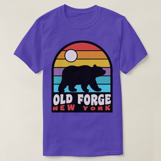 Old Forge NY Adirondacks Bear Badge Retro Sunset T-Shirt (Design Front)