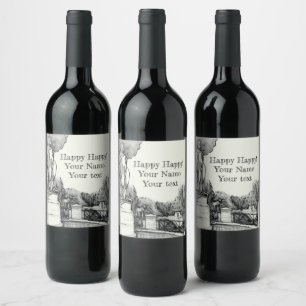Old fountain in the park with sculpture boy wine label