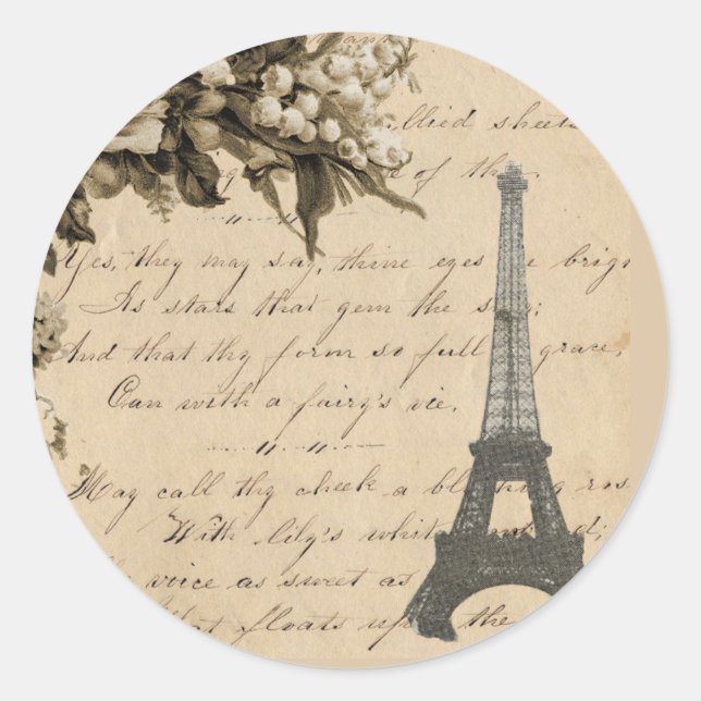 Old French flowers and Eiffel Tower Classic Round Sticker (Front)