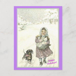 Old German Cute Little Girl, Dachshund, Cats, Snow Postcard