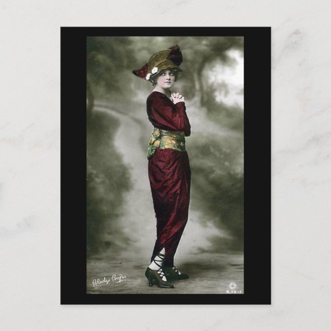 Old Glamour Postcard - Lady in Red (Front)