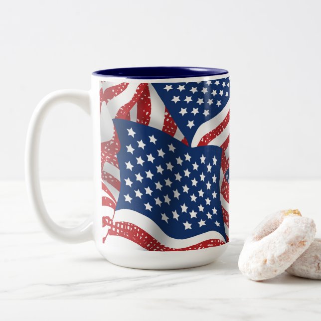Old Glory All American - USA Flag Patroit Two-Tone Coffee Mug (With Donut)