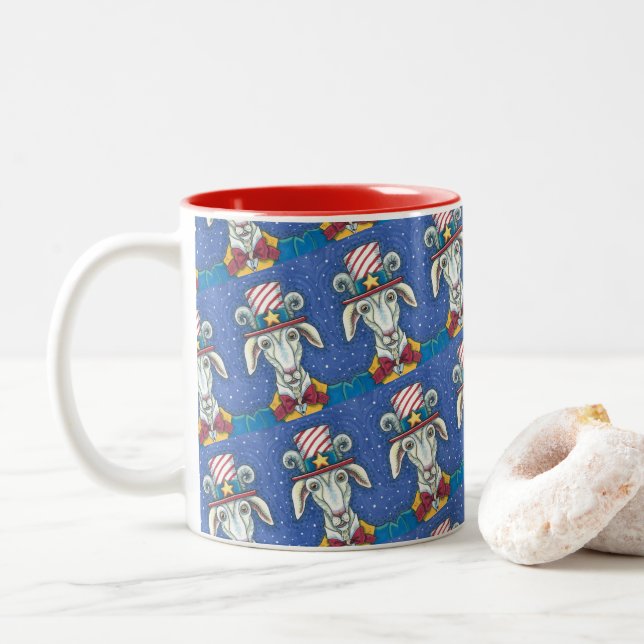 OLD GOAT UNCLE SAM, FUNNY FARM PATRIOTIC BILLYGOAT Two-Tone COFFEE MUG (With Donut)