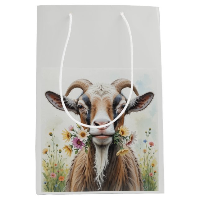  Old Goat with Flowers Fun Novelty Animal Pattern Medium Gift Bag (Front)