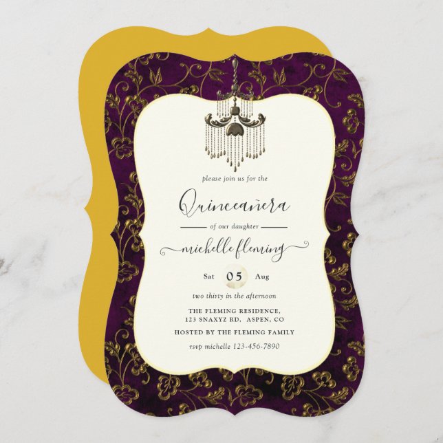 Old Gold Elegance Quinceañera Invitation (Front/Back)